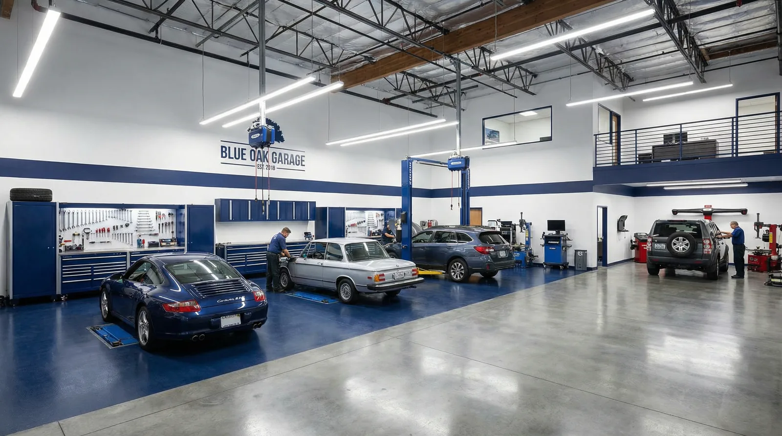 Interior of Plymouth Auto Repair & Muffler showing clean service bays with cars being serviced and organized tool walls